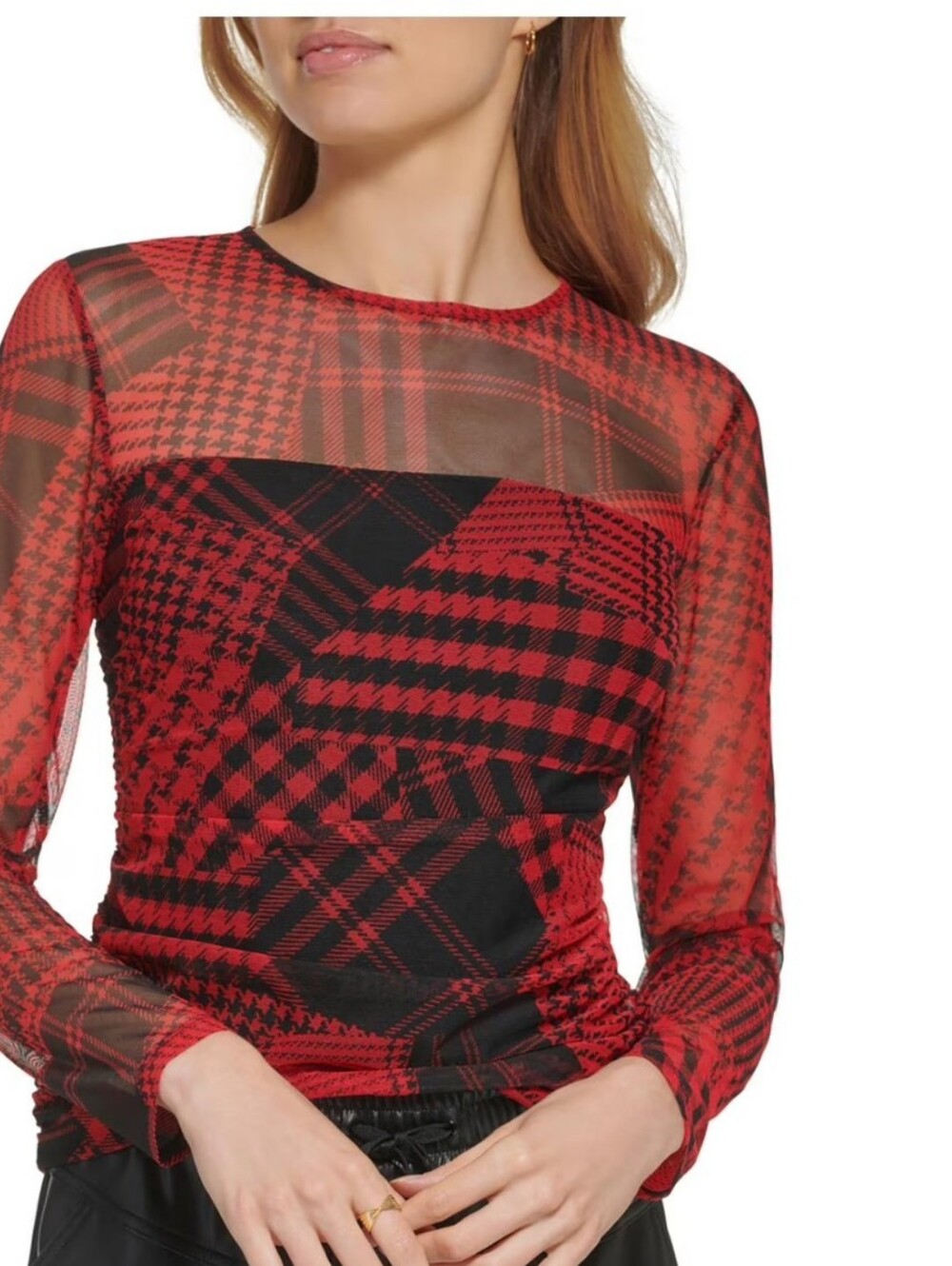 DKNY Red and Black Plaid Sheer Long-Sleeve Crew Neck Top Size XL NWOT